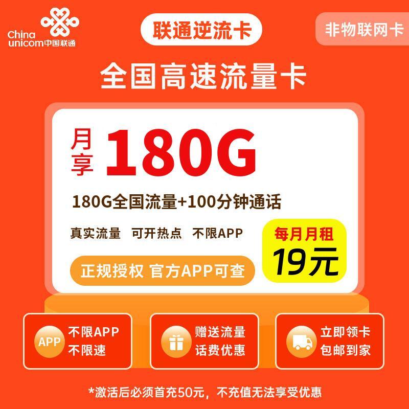 联通逆流卡19元180G流量+100分钟