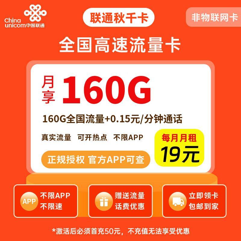 联通秋千卡19元160G流量+0.15元/分钟