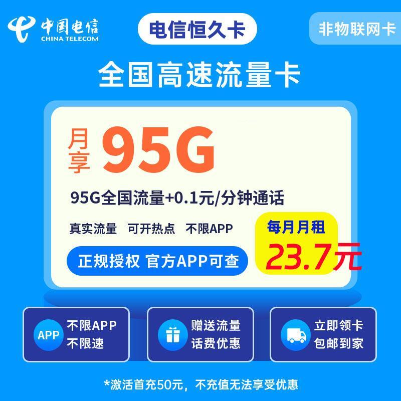 电信恒久卡23.7元95G全国流量+0.1元/分钟通话