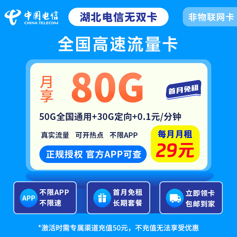 湖北电信无双卡29元80G＋0.1元/分钟